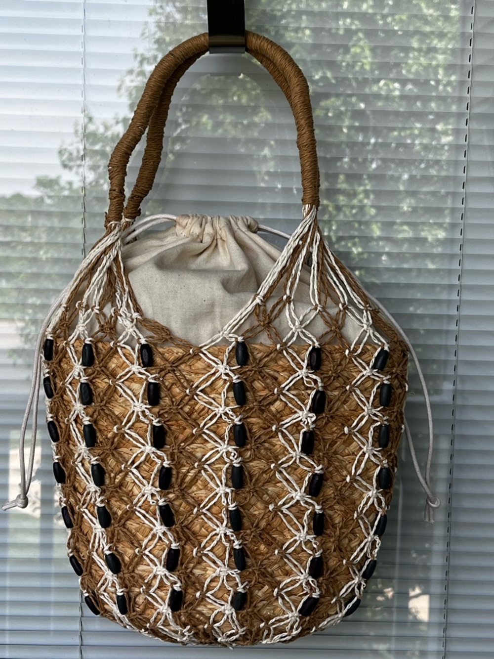 J. Crew Sedona Beaded Basket Bucket Bag Woven Straw Raffia Canvas Drawstring - Picture 4 of 16